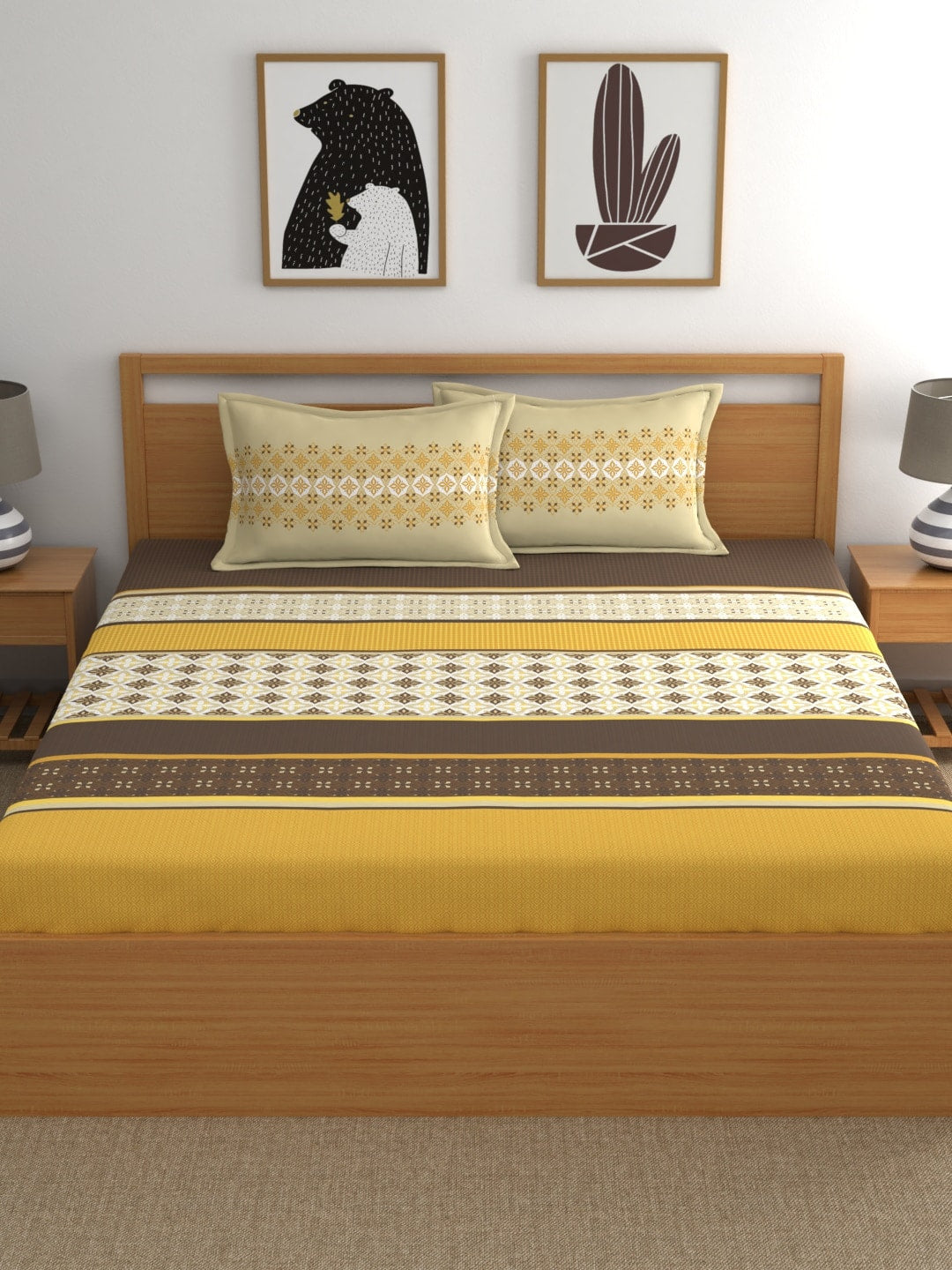 Home Ecstasy Mustard & White Ethnic Motifs 140 TC King Bedsheet with 2 Pillow Covers