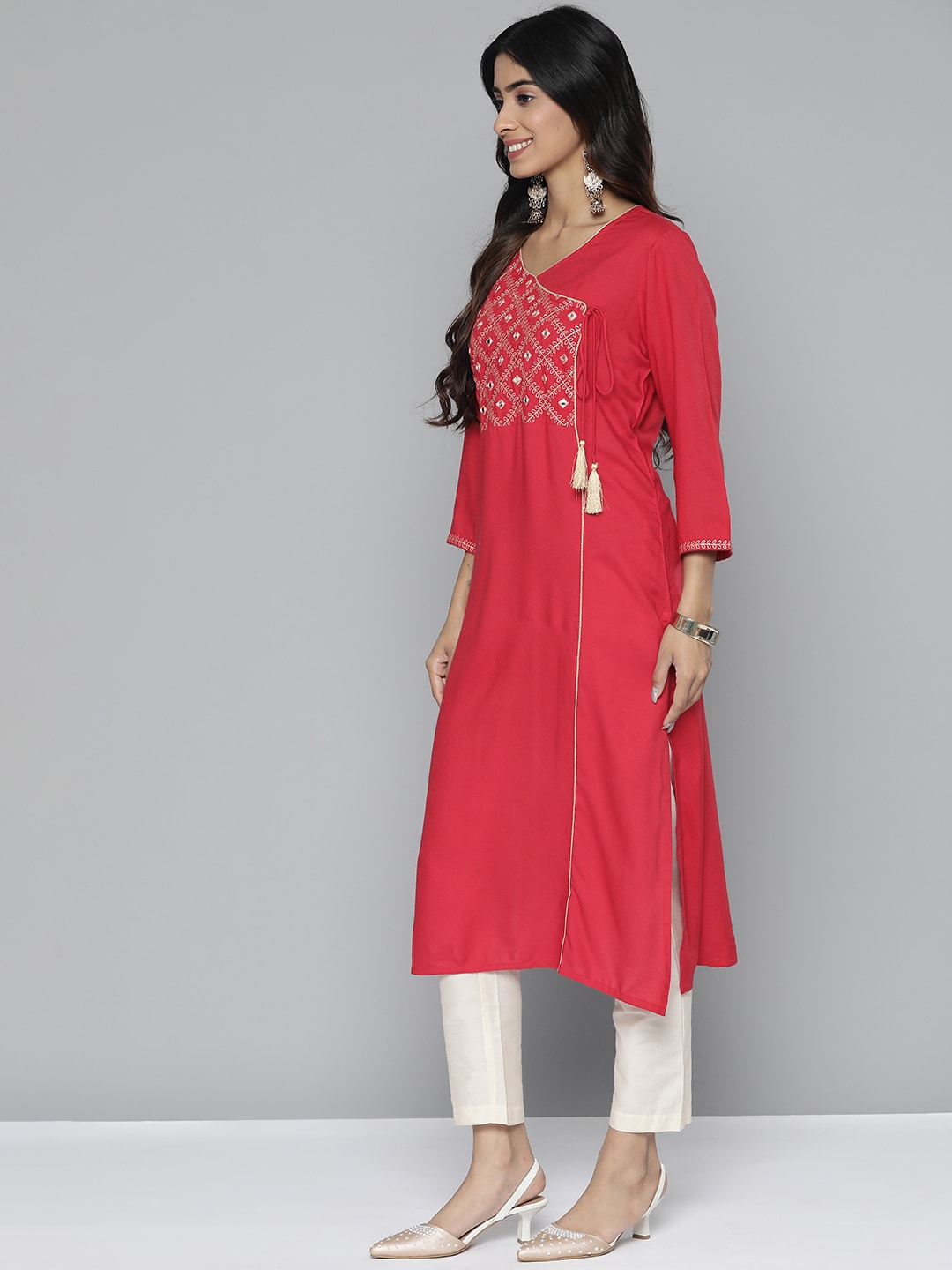 HERE&NOW Women Pure Cotton Ethnic Motifs Mirror Work Angrakha Kurta