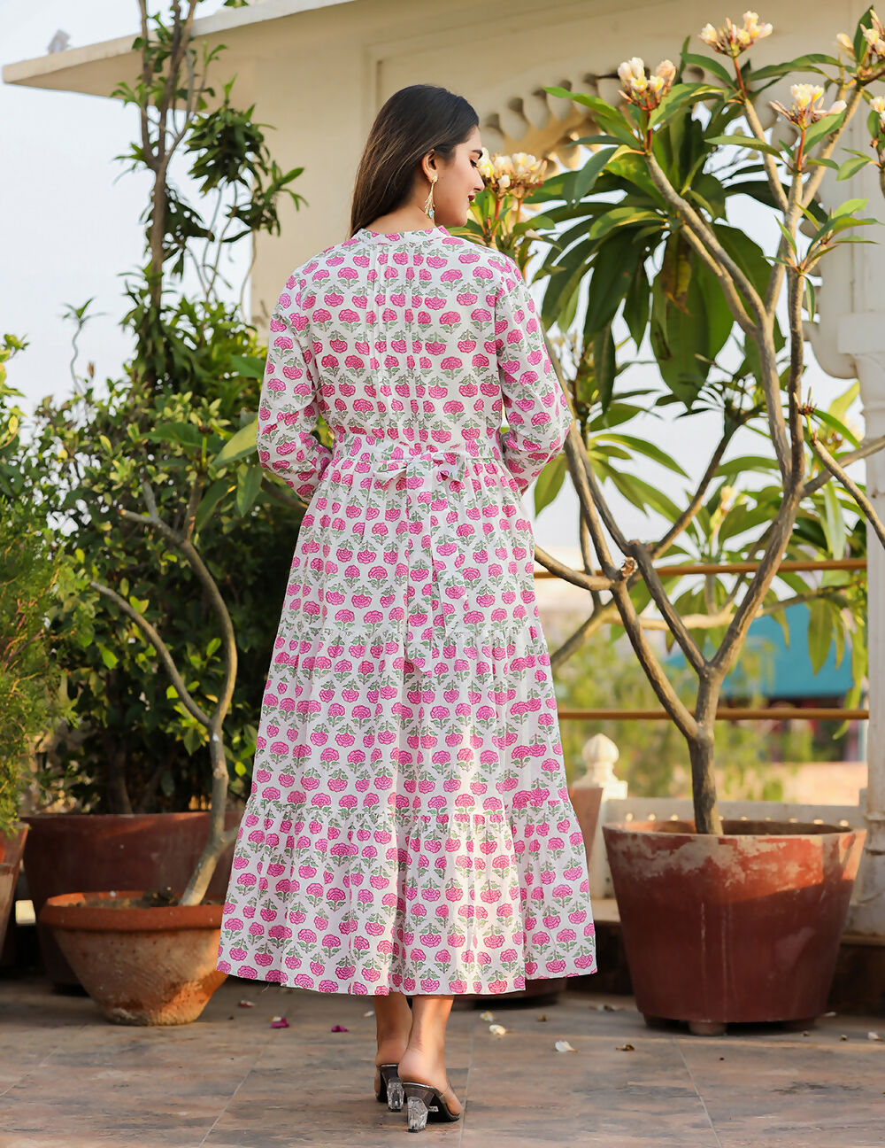 Kaajh Women's Pink Floral Print Cotton Handblock Dress