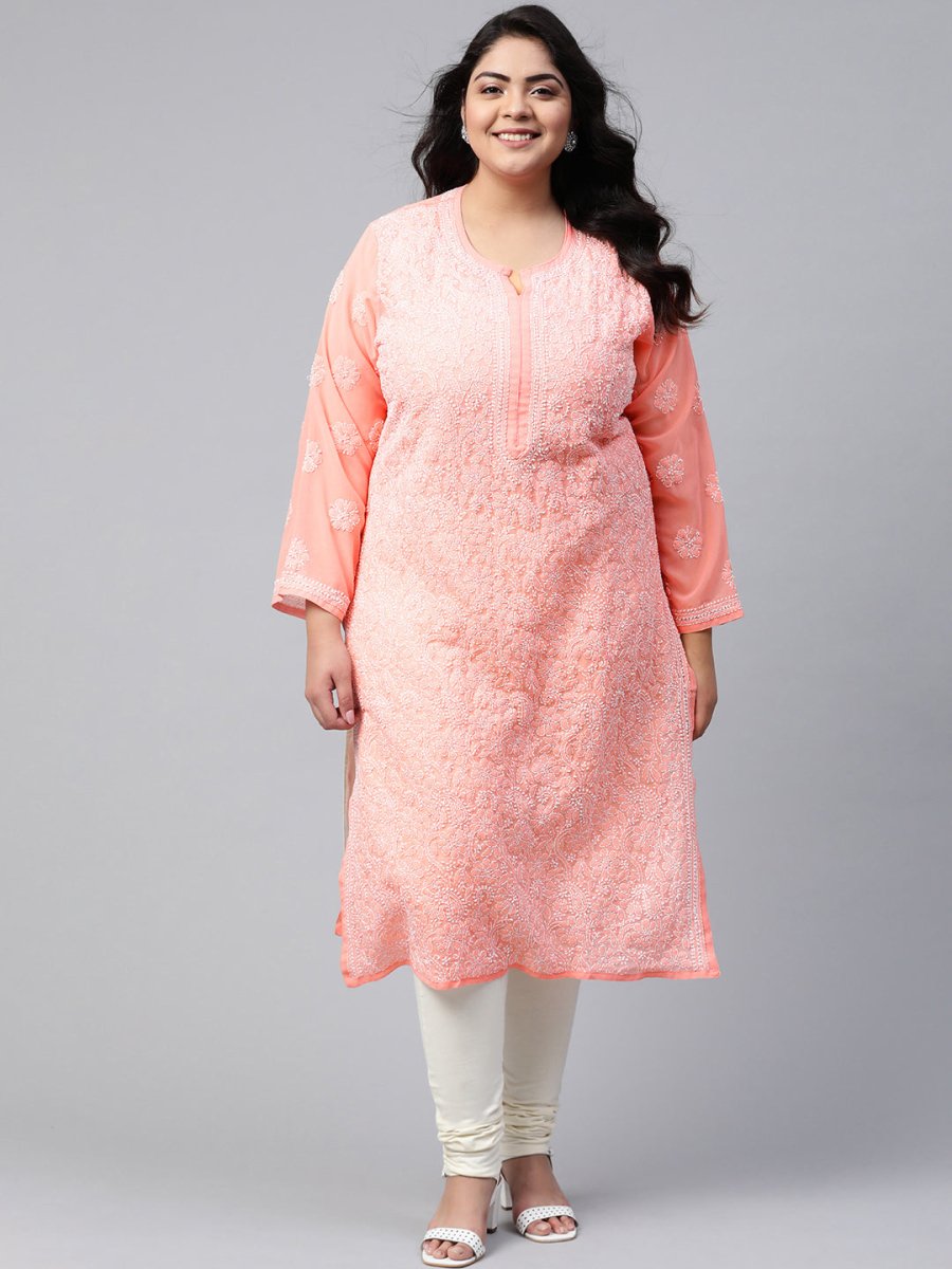 ADA Ada Women Plus Size Peach-Coloured & White Ethnic Motifs Chikankari Georgette Handloom Kurta