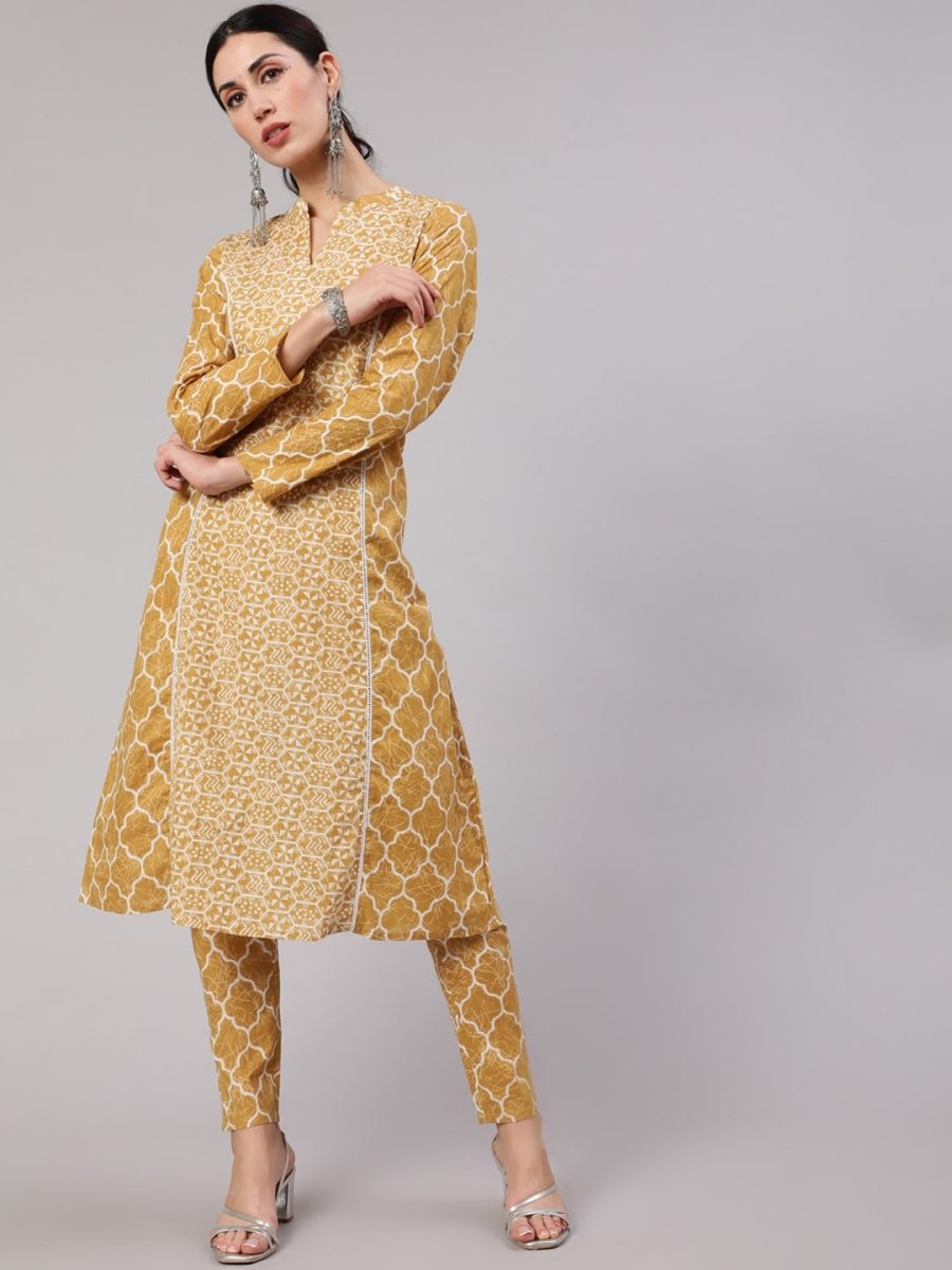 Aks Geometric Printed Mandarin Collar Cotton A-Line Kurta