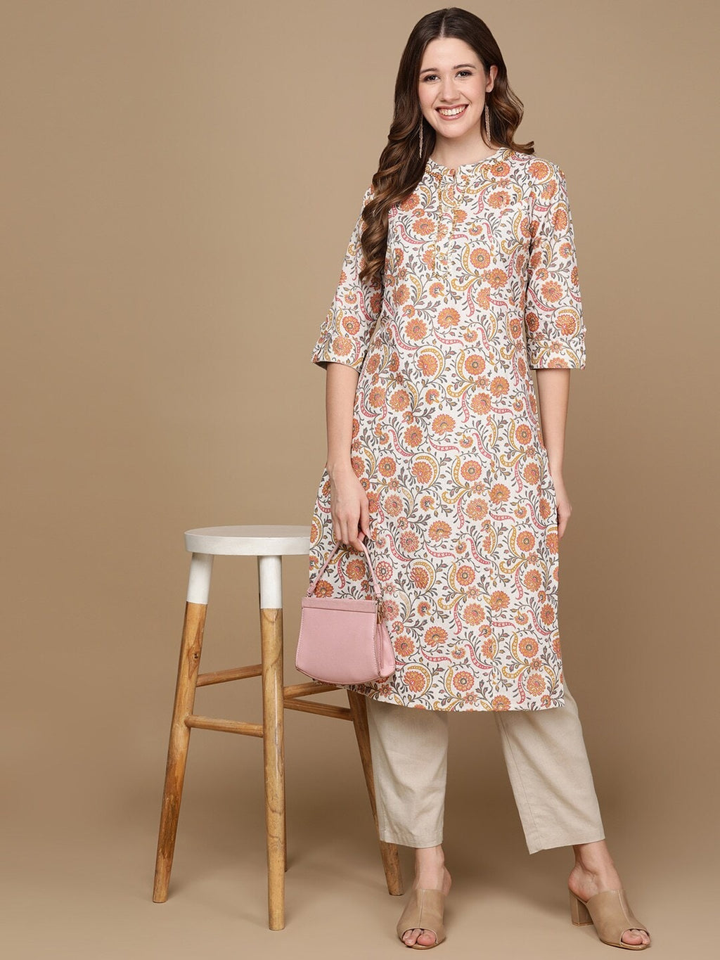 HERE&NOW White & Yellow Floral Printed Sequined Cotton Kurta