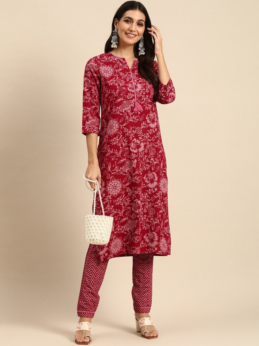 All About You Women Red Floral Printed Kurta with Trousers