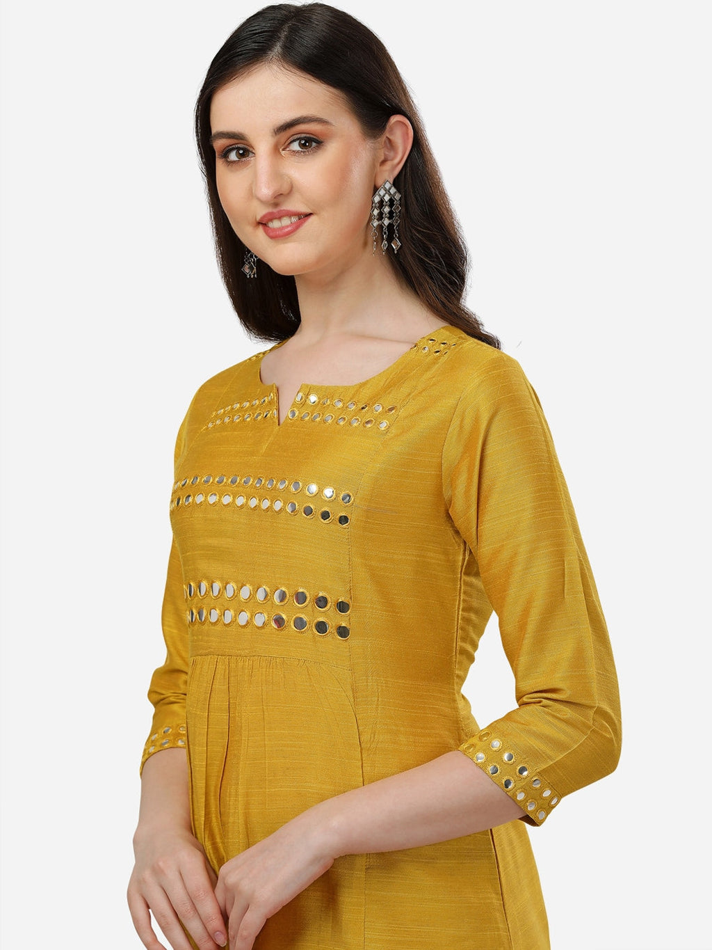 HERE&NOW Women Mustard Yellow Embroidered Panelled Mirror Work Kurta with Trousers