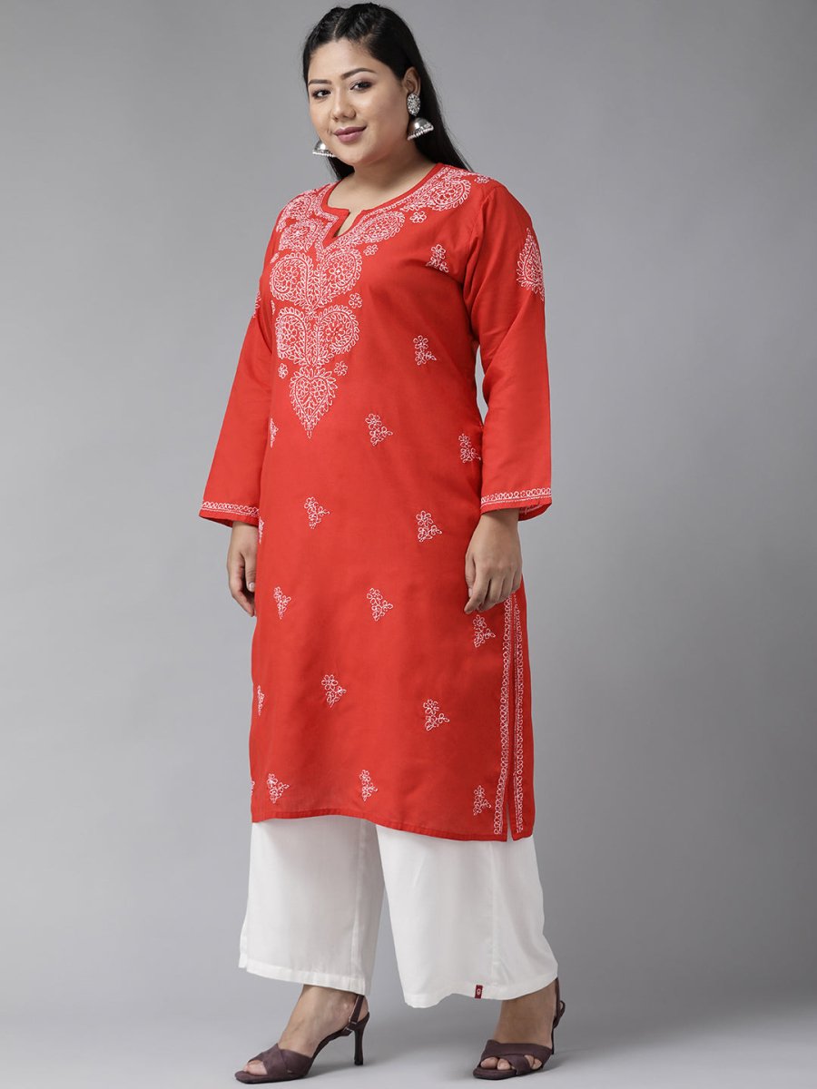 ADA Women Plus Size Red & White Ethnic Motifs Pure Cotton Chikankari Embroidered Kurta
