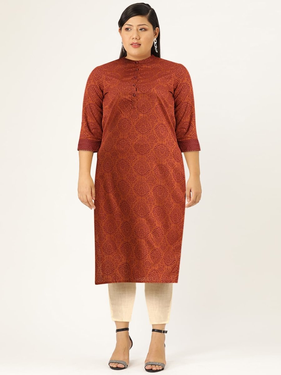 All About You Women Rust Brown Ethnic Motifs Printed Straight Kurta