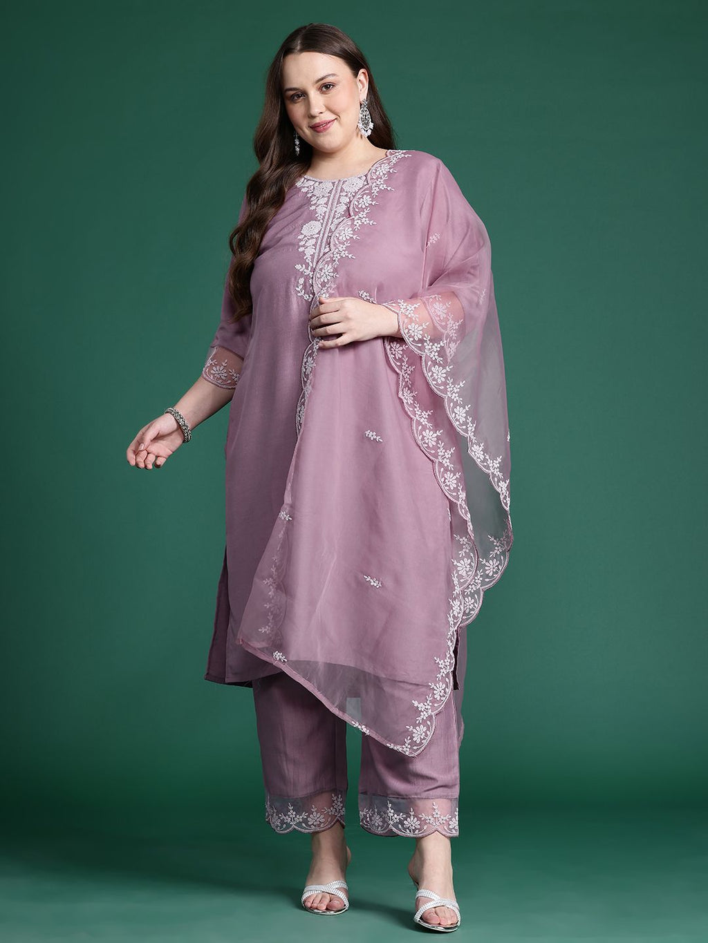 Indo Era Plus Size Floral Embroidered Thread Work Kurta With Trousers & Dupatta