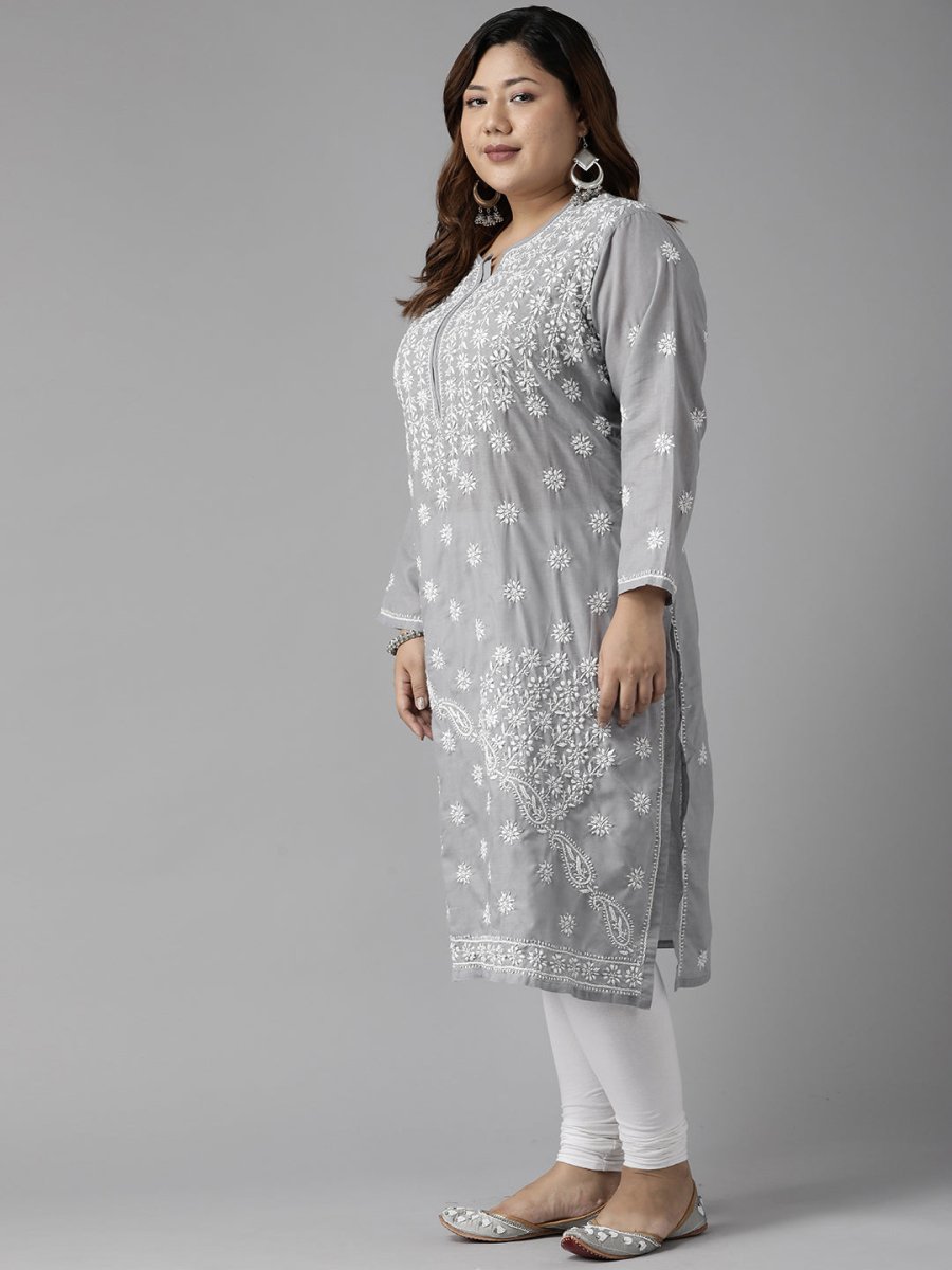 ADA Women Plus Size Grey Floral Embroidered Chikankari Kurta