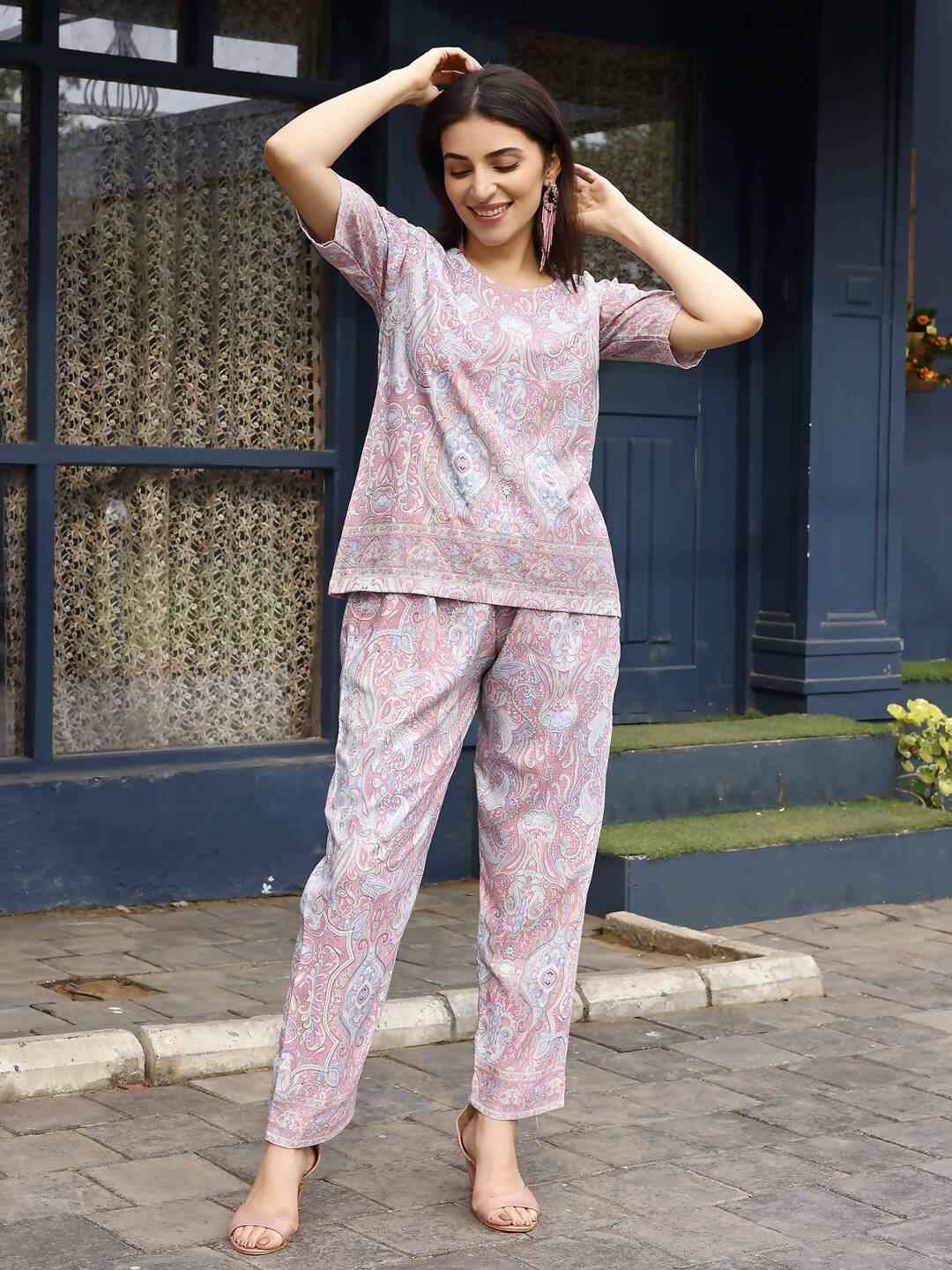 Pink Rayon Paisley Printed Top with Matching Bottom - Eesha