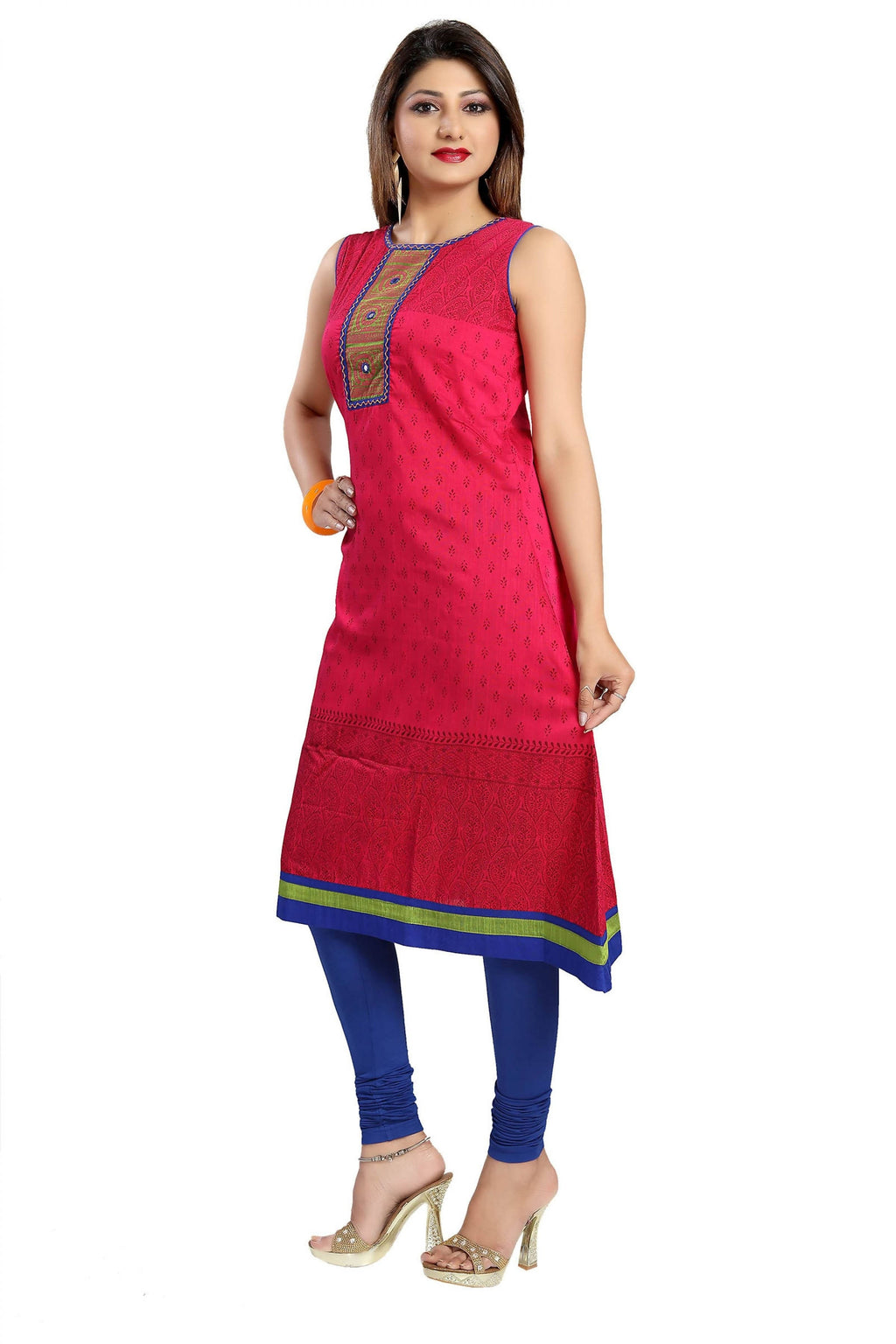 Snehal Creations Bold And Blast Hot Pink Raw Silk Sleeveless Kurti Tunic