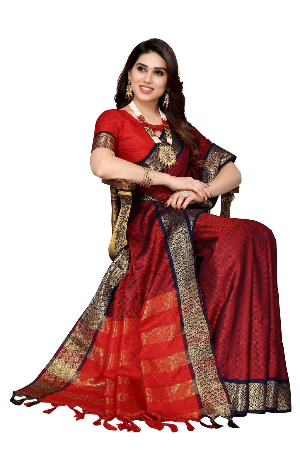 Vamika Weaving Maroon Cotton Silk Saree
