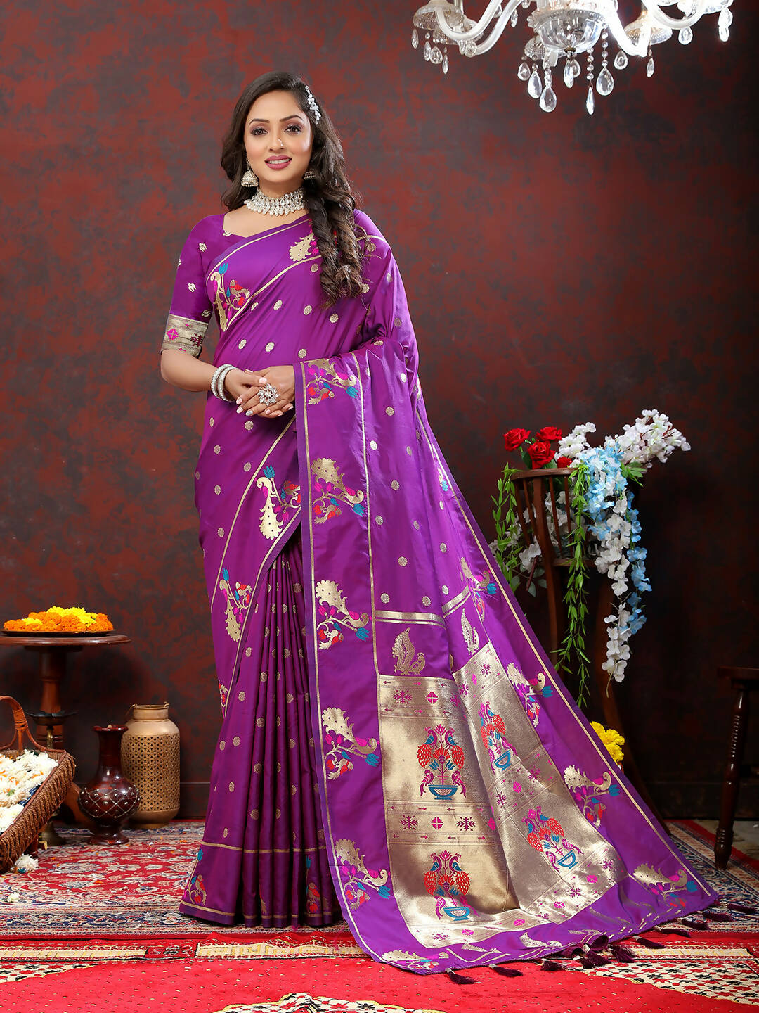 Lorenvalley Fashion Wine Soft Paithani Silk Woven Design Gold Zari Meenakari Weaving Saree