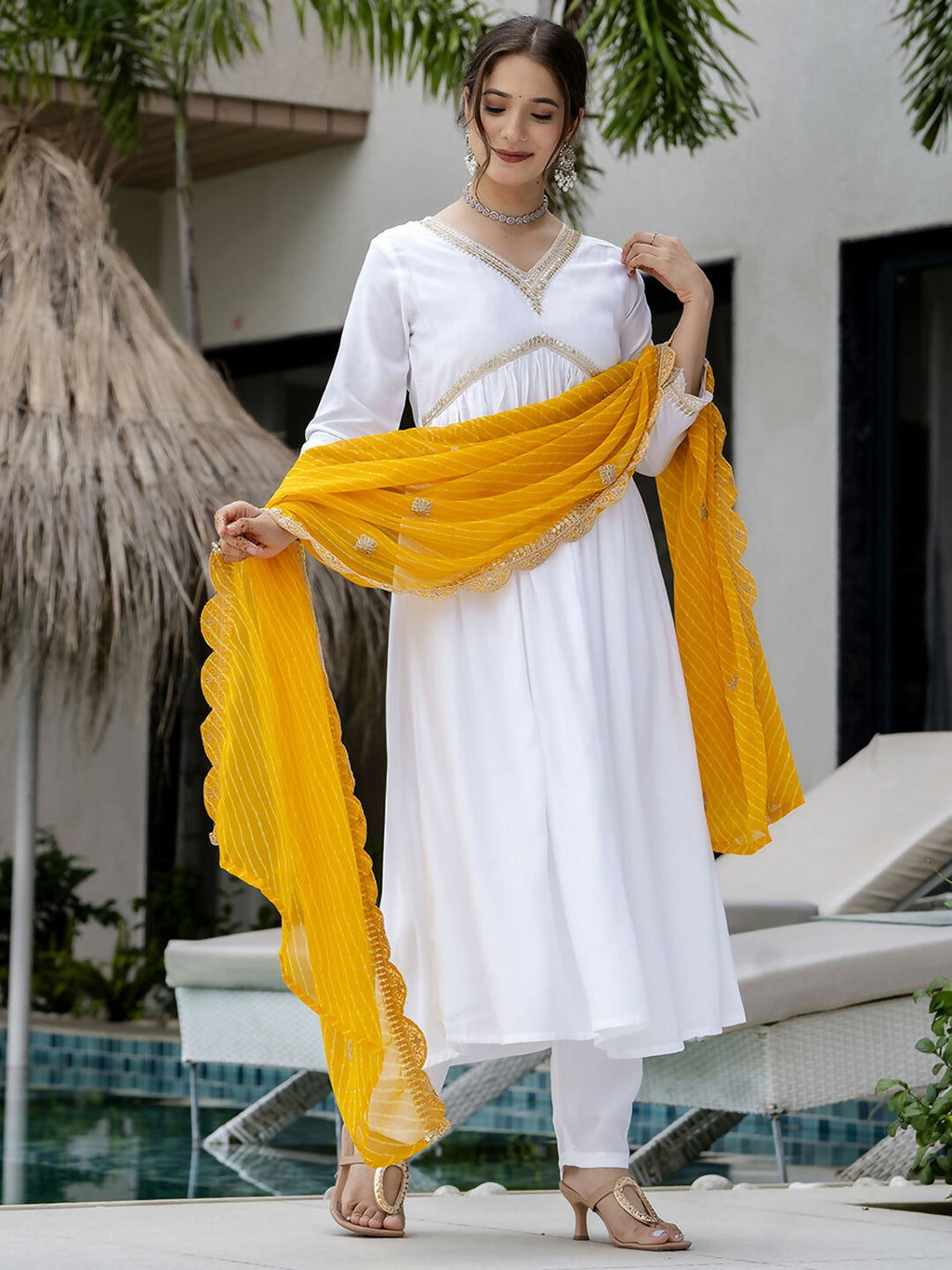 The52 White Women's Gorgeous Embroidered Chanderi Fabric Straight Kurta, Pant and Dupatta Set