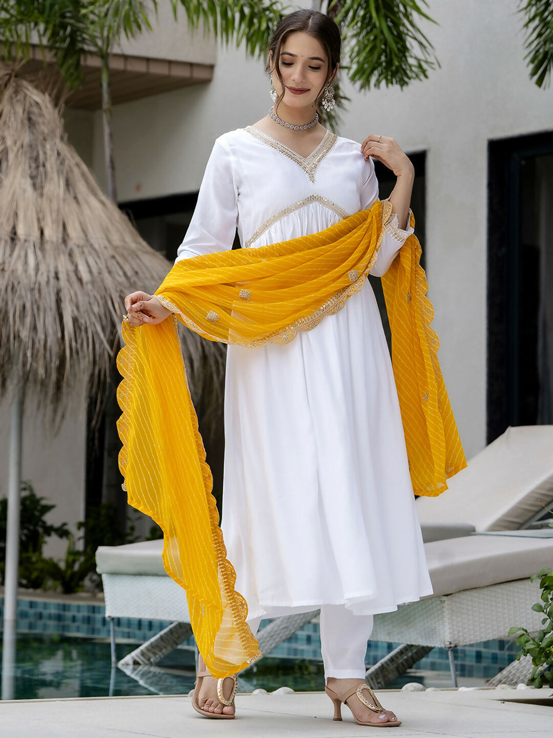 The52 White Women's Gorgeous Embroidered Chanderi Fabric Straight Kurta, Pant and Dupatta Set