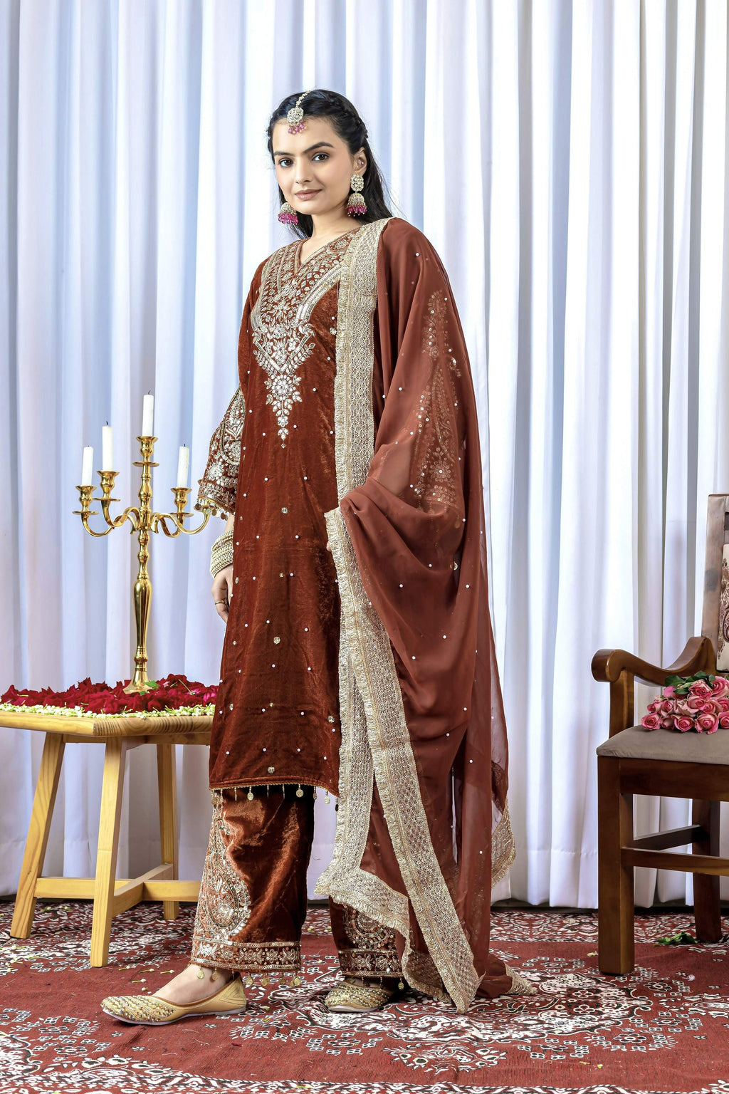Teeya Creation Brown Color Velvet Silk Embroidery Work Party Wear Suit