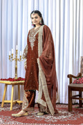 Teeya Creation Brown Color Velvet Silk Embroidery Work Party Wear Suit