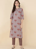 HERE&NOW Women Coffee Brown Floral Embroidered Straight Kurta With Trousers