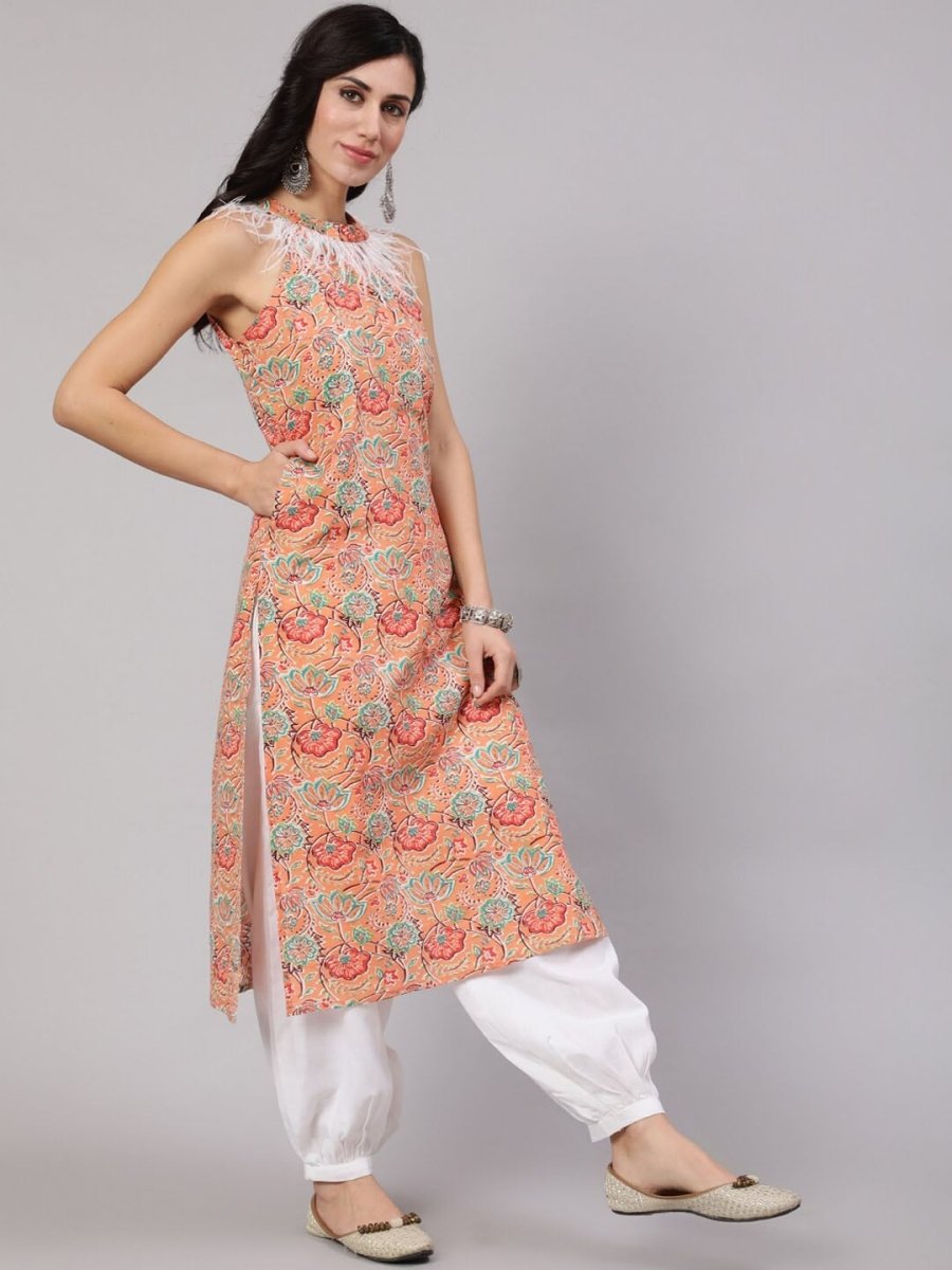 Aks Ethnic Motifs Printed Halter Neck Cotton Kurta