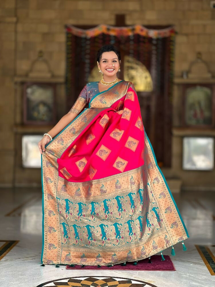 PR Fashion Rani Pink Soft Banarasi Silk With Zari Weaving Meenakari Design Saree