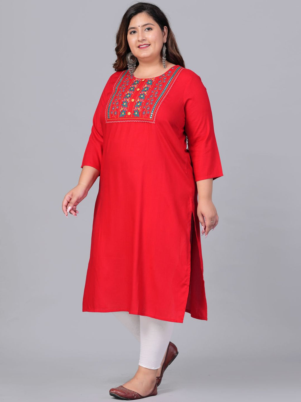 Sztori Plus Size Embroidered Yoke Design Round Neck Three-Quarter Sleeves Straight Kurta
