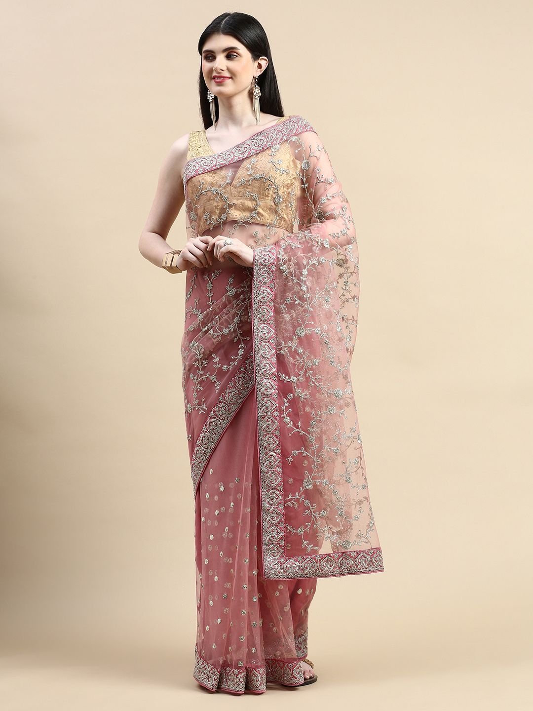 kasee Floral Embroidered Sequinned Net Saree