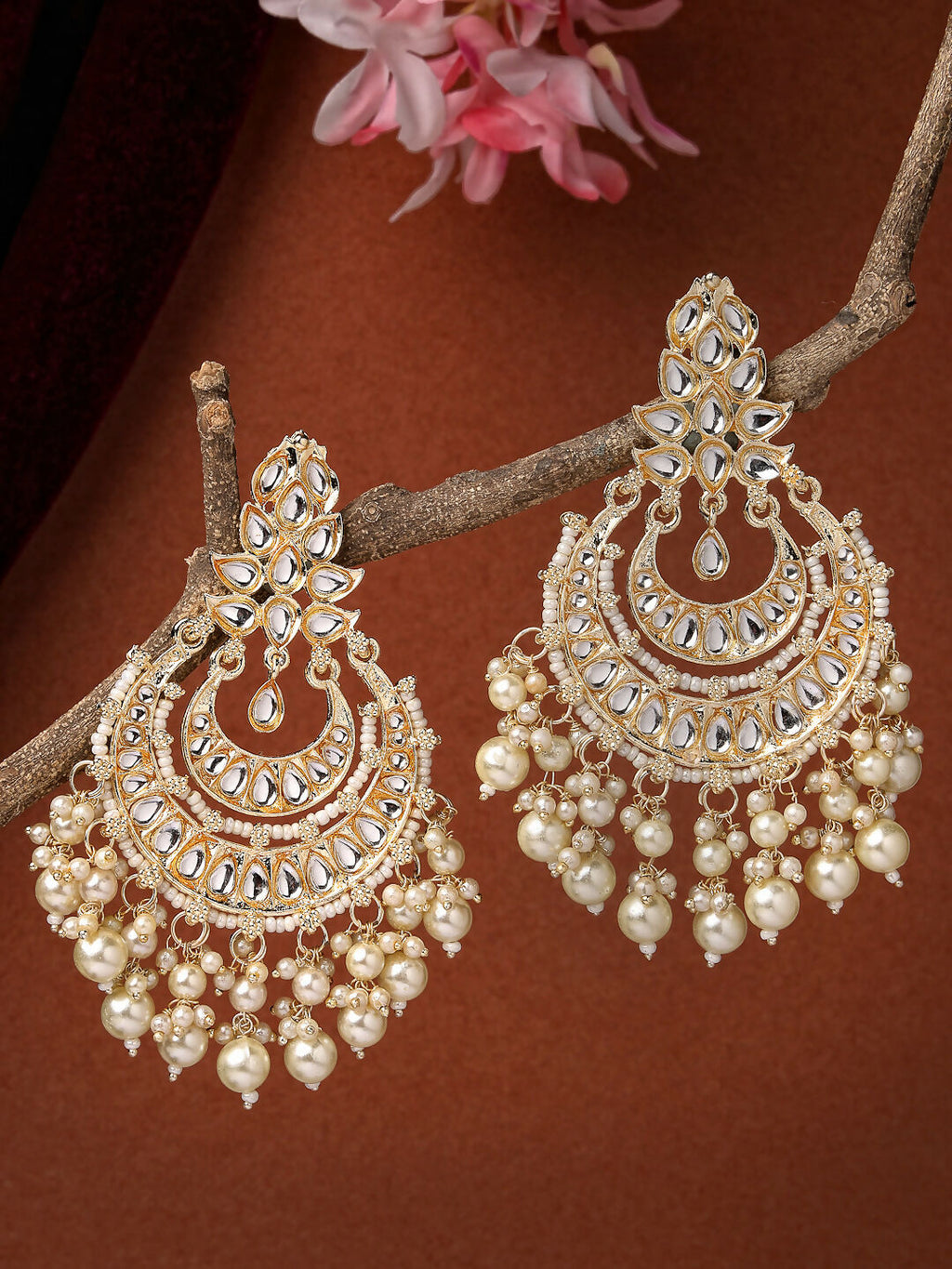 NVR Women Gold-Polished Kundan Chandbali Earrings