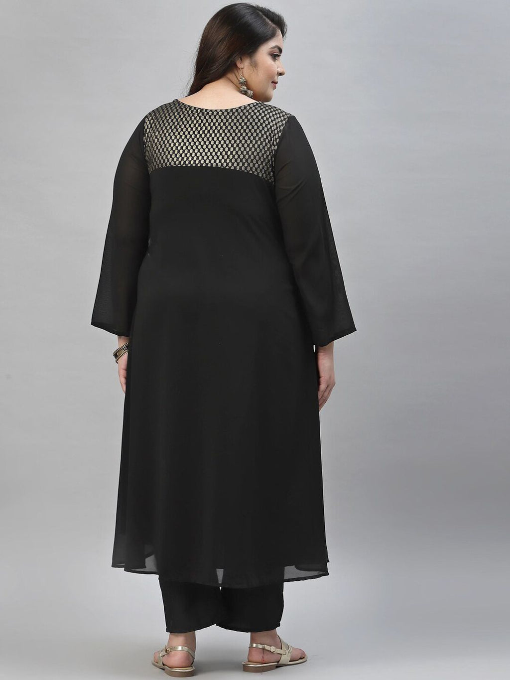 Sztori Plus Size Ethnic Motif Foil Printed Straight Georgette Kurta with Trousers