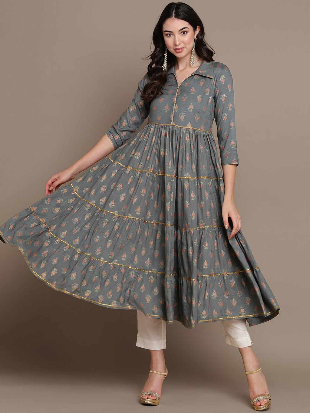 HERE&NOW Ethnic Motifs Printed Shirt Collar Tiered Pure Cotton A-Line Kurta