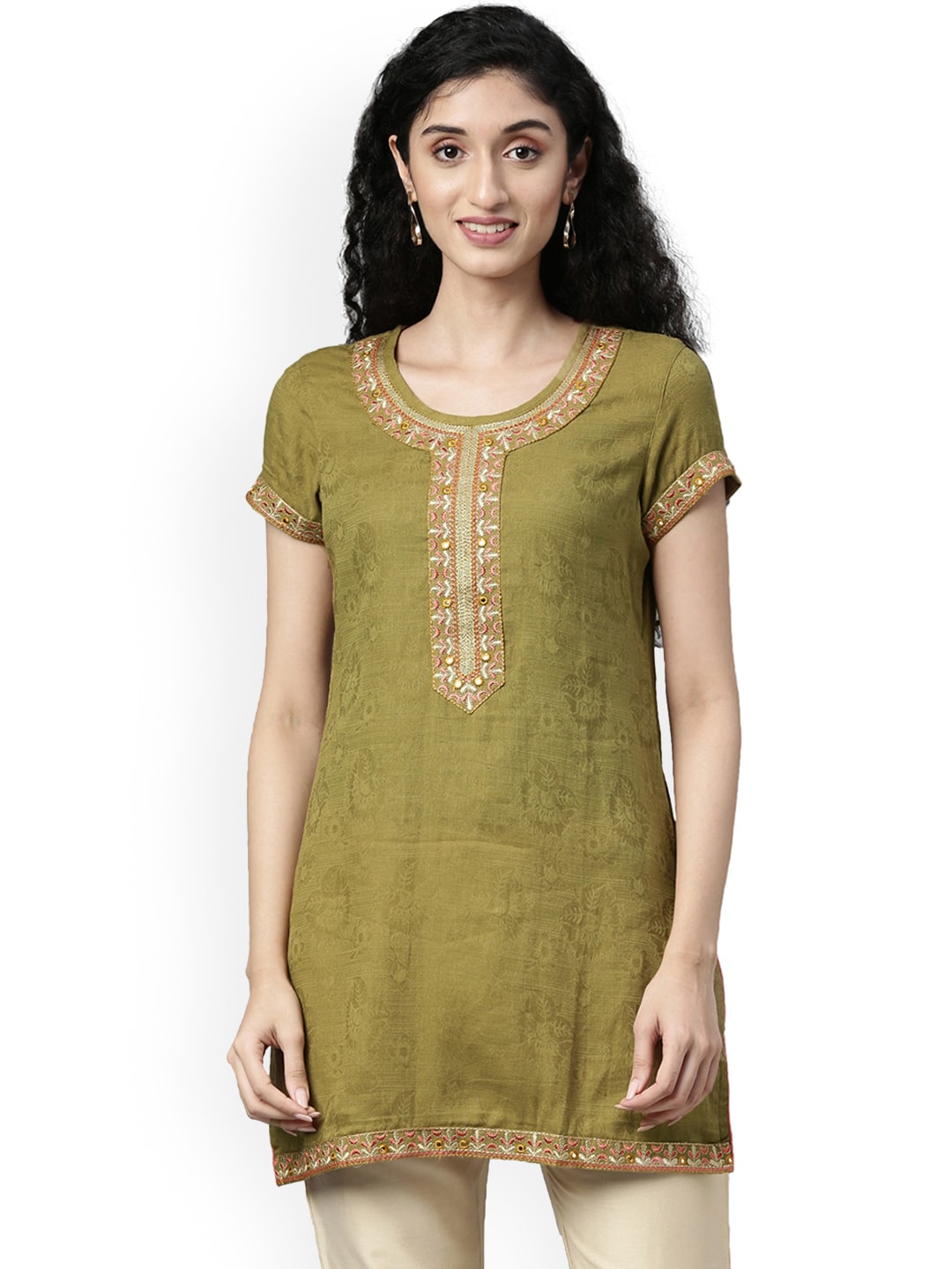 Souchii Olive Green Woven Design Kurta