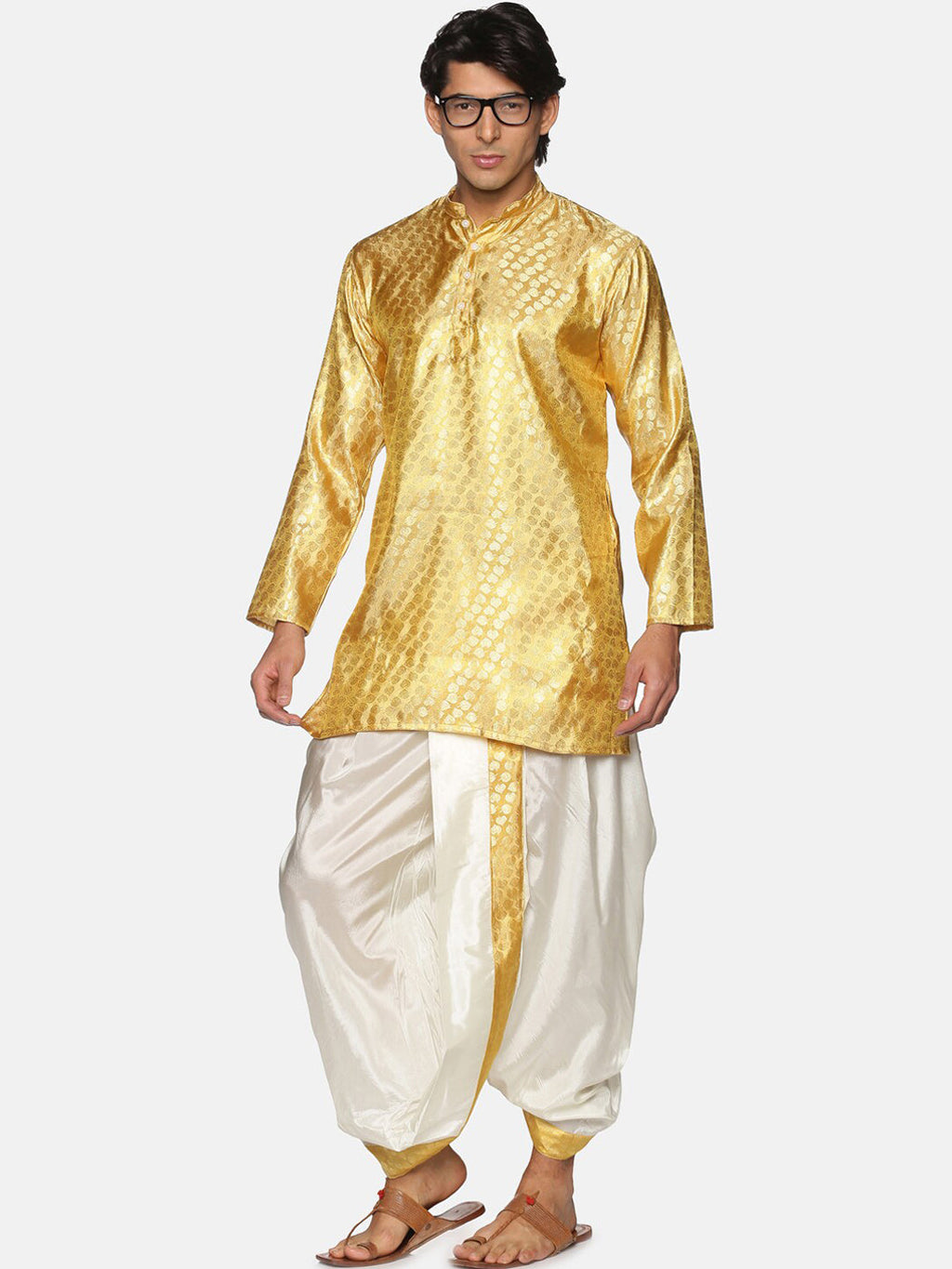 Sethukrishna Men Gold-Toned Ethnic Motifs Woven Design Kurta with Dhoti Pants