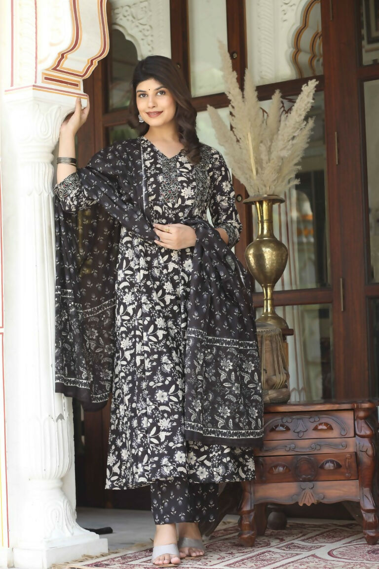 Miravan Women's Black Cotton Embroidered Attractive Anarkali Kurta And Palazzo With Dupatta Set
