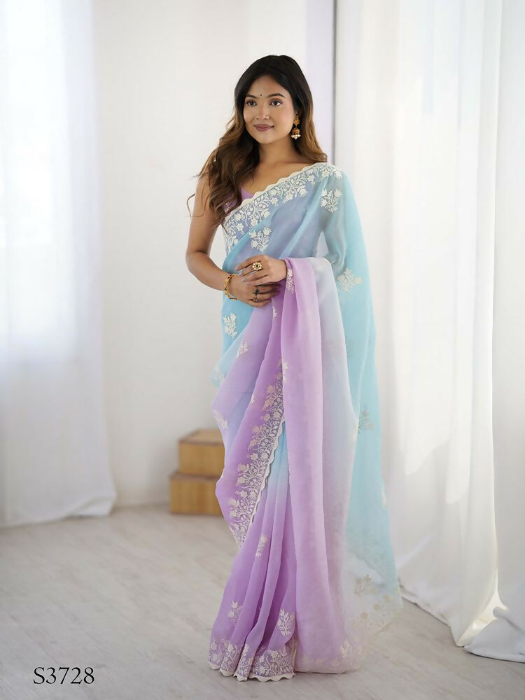 Lavender Crunchy Silk Embroidery Work Party Wear Saree - Lakshita