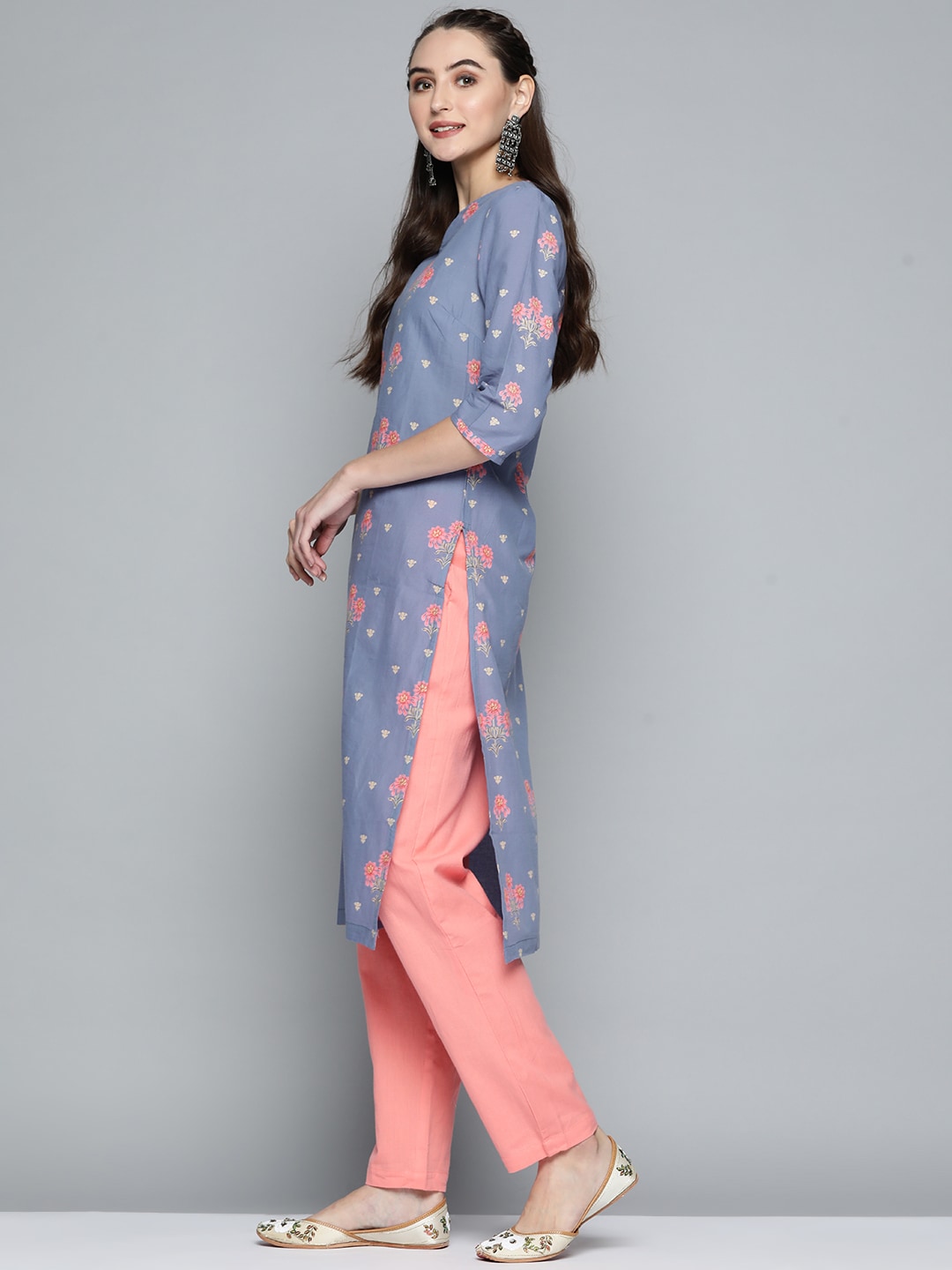 HERE&NOW Women Lavender & Pink Printed Pure Cotton Straight Kurta