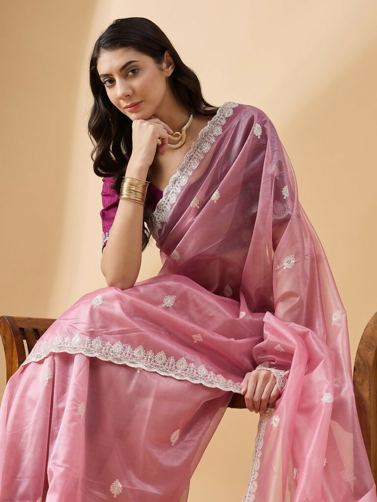 Pink Organza Sequence Embroidered Saree with Unstitched Blouse - Satya