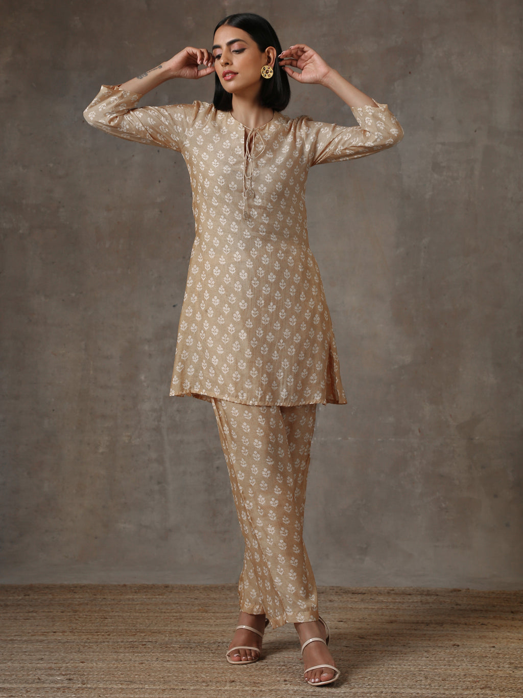 trueBrowns Beige White Printed Silk Co-Ord Set