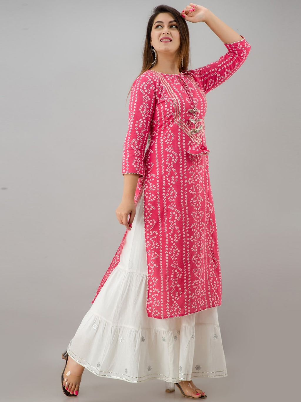 HERE&NOW Pink Bandhani Printed Gotta Patti Regular Kurta with Sharara