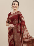 Saree Mall Maroon Floral Linen Blend Banarasi Saree