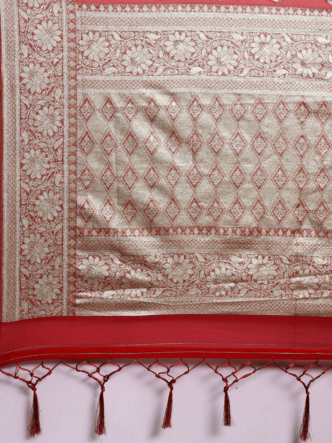 Saree Mall Red Ethnic Motifs Zari Organza Banarasi Saree