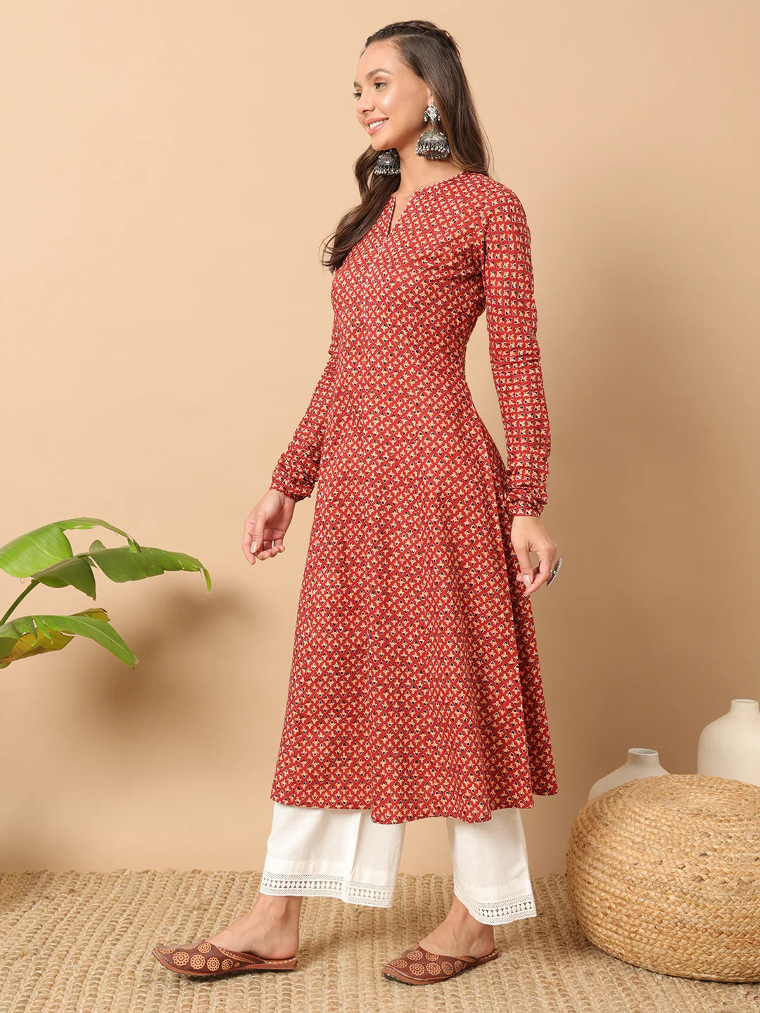 FIORRA Women's Floral Printed Red Cotton A-Line Kurta