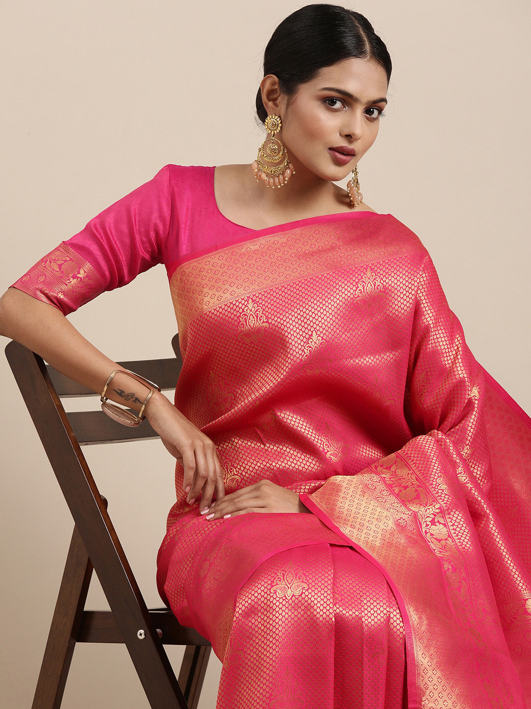 Saree Mall Pink Ethnic Motifs Zari Silk Blend Banarasi Saree