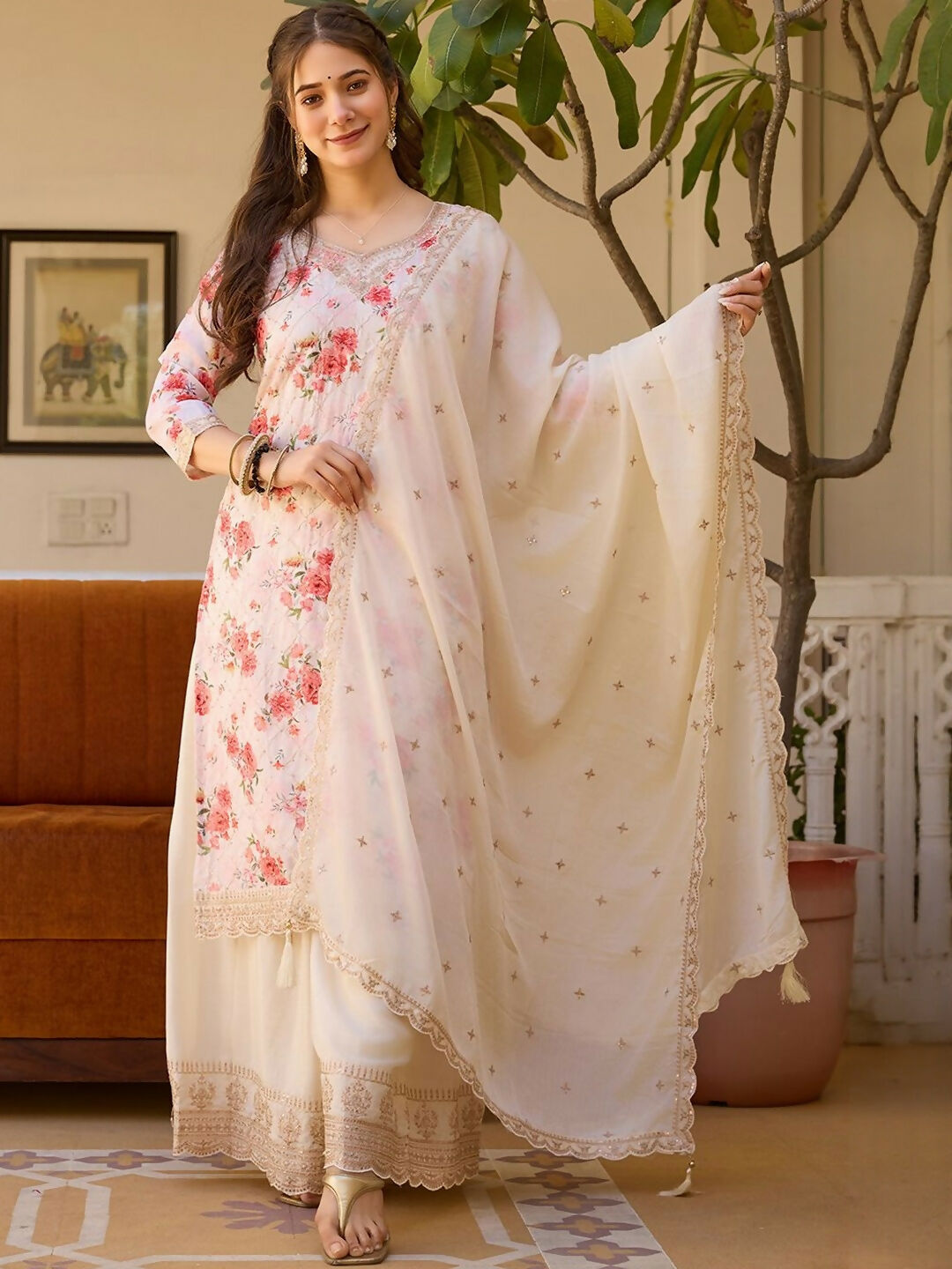 The52 White Women's Gorgeous Embroidered Chinon Fabric Straight Kurta Palazzo and Dupatta Set