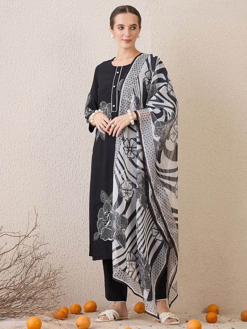 Indo Era Floral Embroidered Round Neck Sequinned Linen Kurta With Trousers & Dupatta