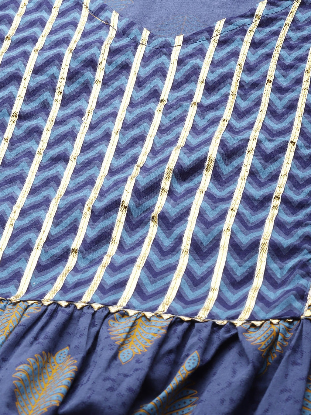 HERE&NOW Women Navy Blue & Mustard Yellow Ethnic Printed Gotta Patti Pure Cotton Kurta