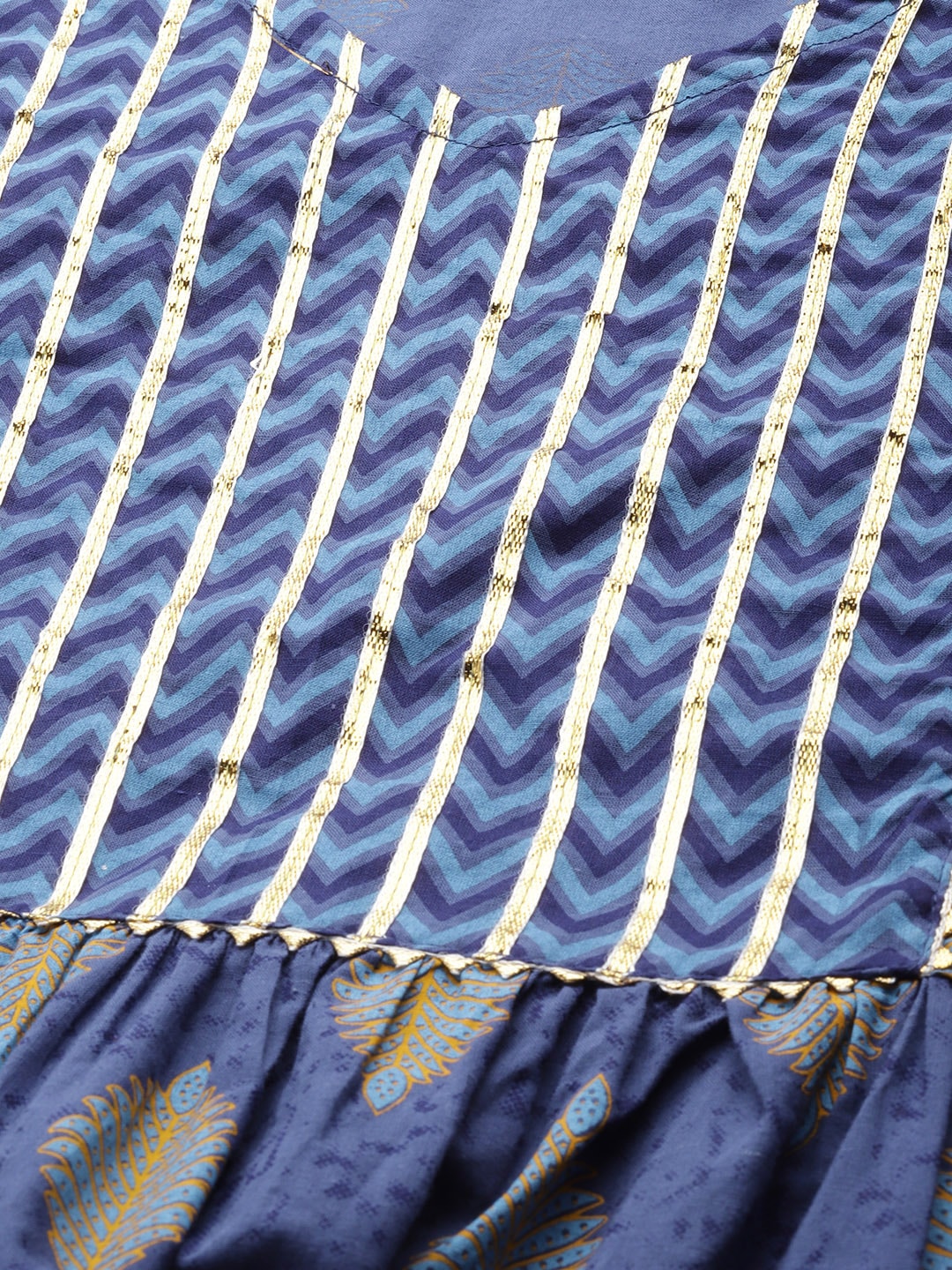 HERE&NOW Women Navy Blue & Mustard Yellow Ethnic Printed Gotta Patti Pure Cotton Kurta