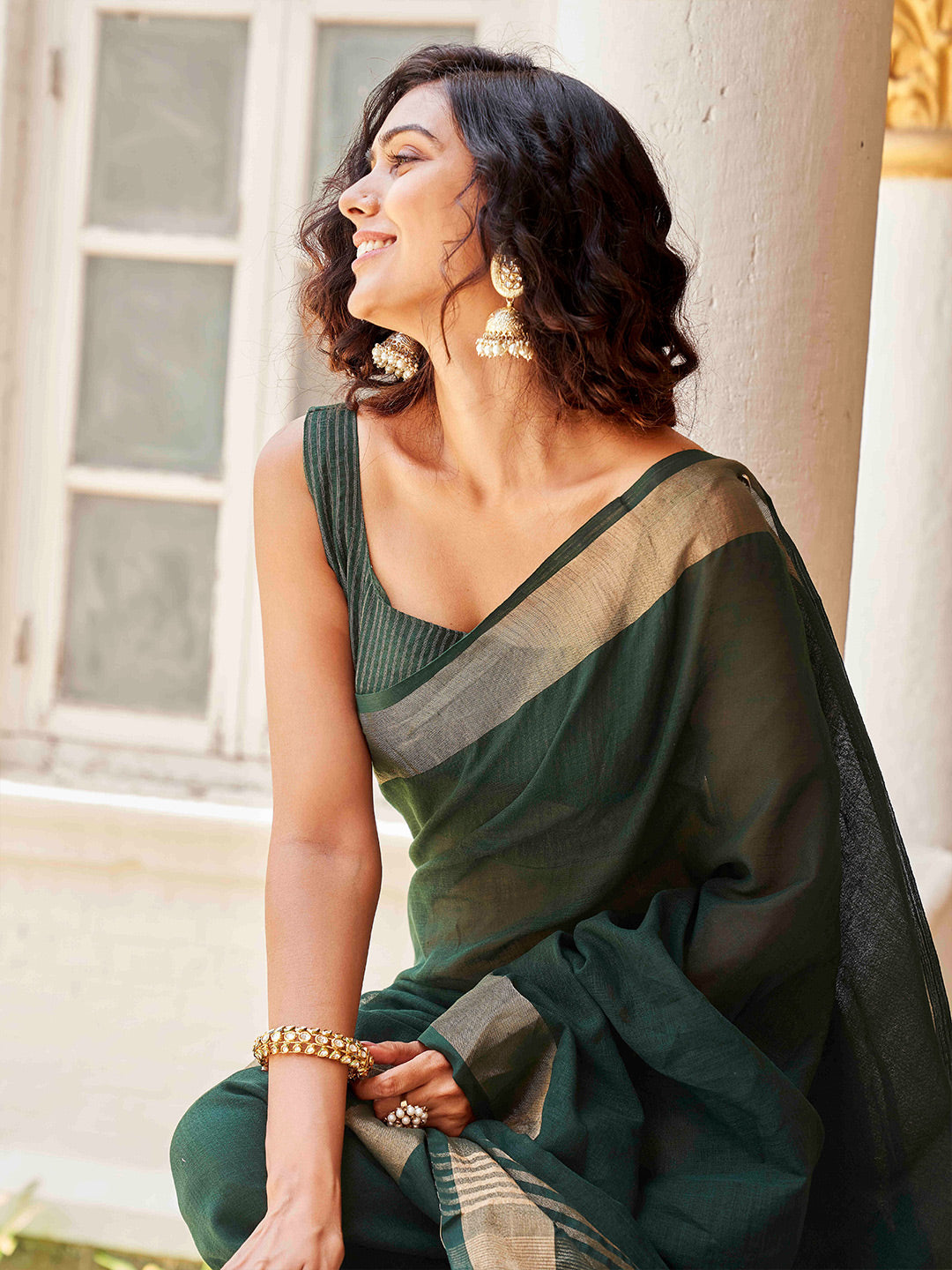 Tikhi Imli Green & Gold-Toned Polycotton Zari Ready to Wear Saree