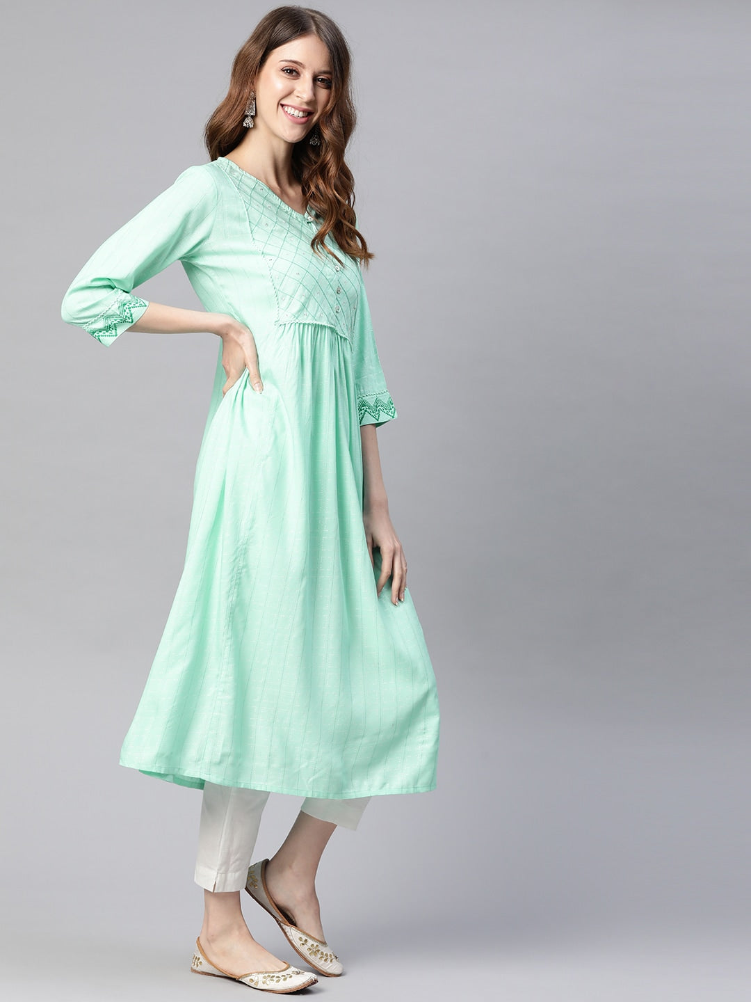 HERE&NOW Women Sea Green Yoke Design A-Line Kurta