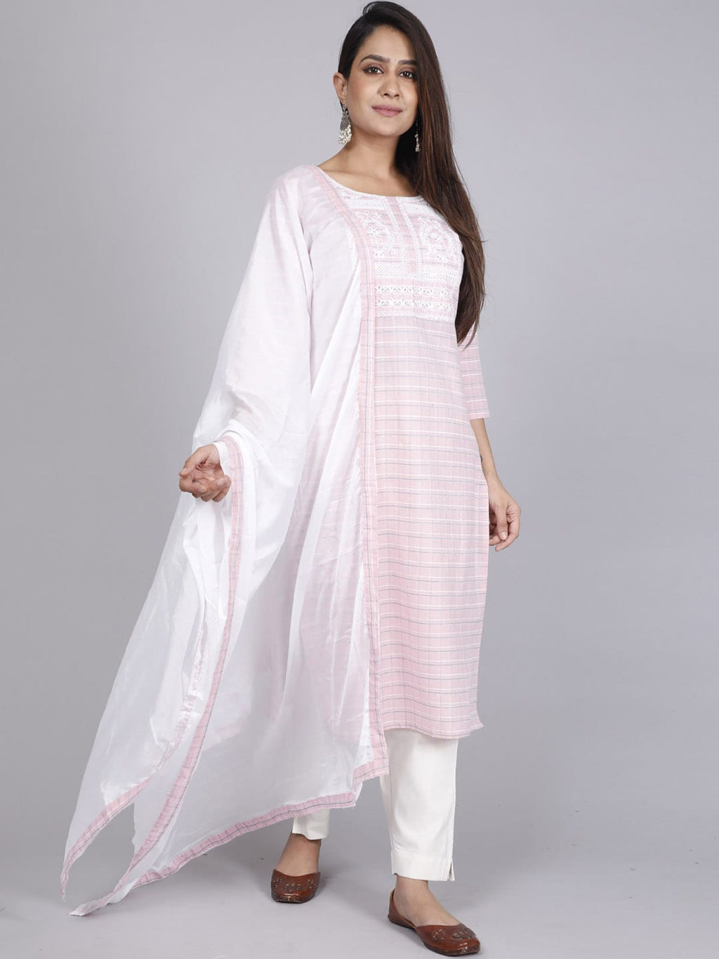 HERE&NOW Pink Embroidered Sequinned Pure Cotton Kurta with Trousers & With Dupatta