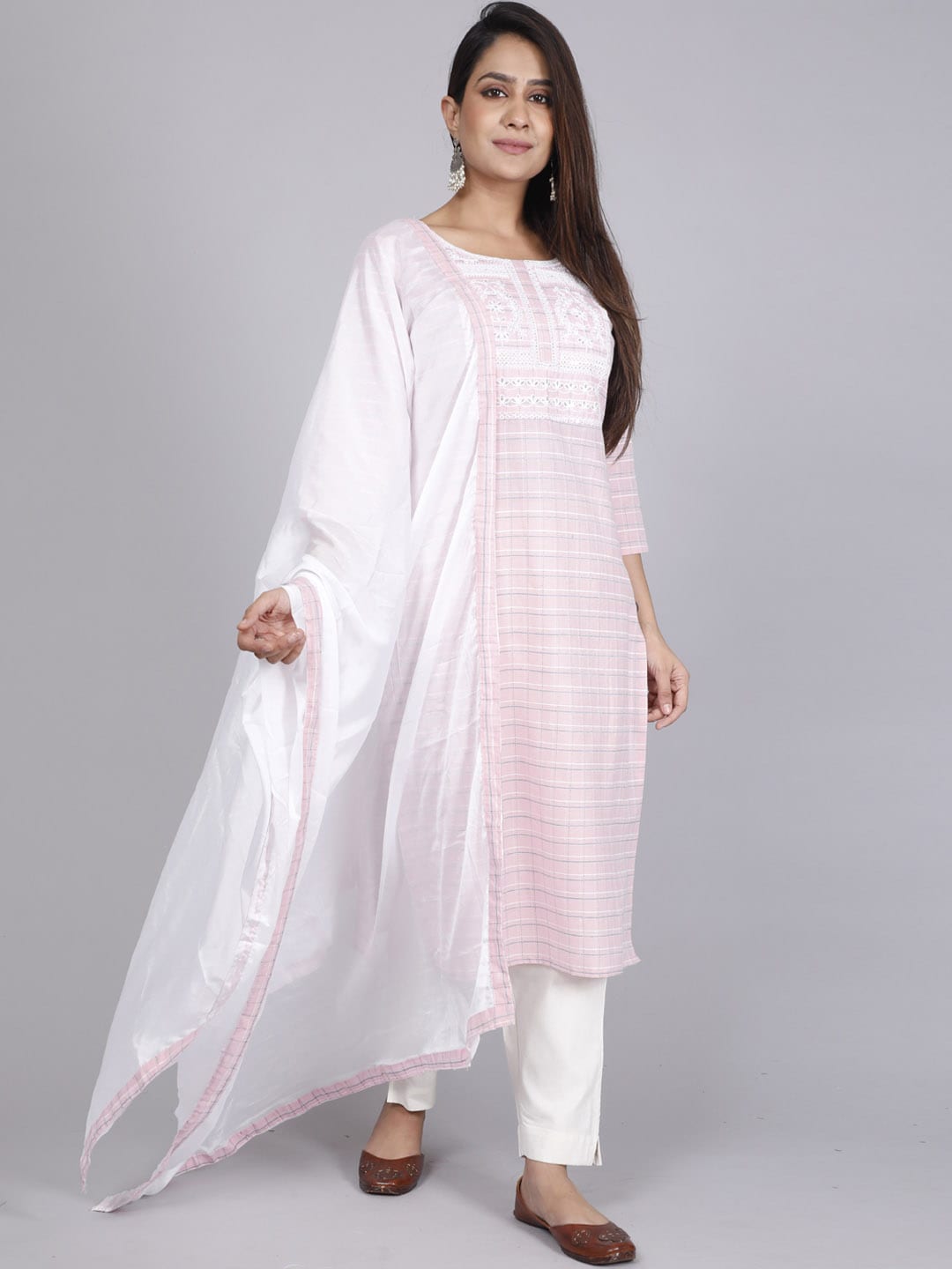 HERE&NOW Pink Embroidered Sequinned Pure Cotton Kurta with Trousers & With Dupatta