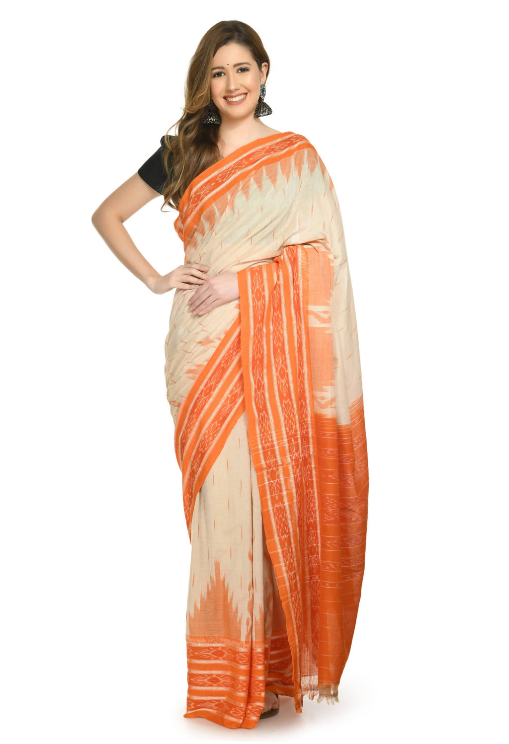 Vamika Sambalpuri Ikat Cotton Scot Dali Tasrite Orange Saree