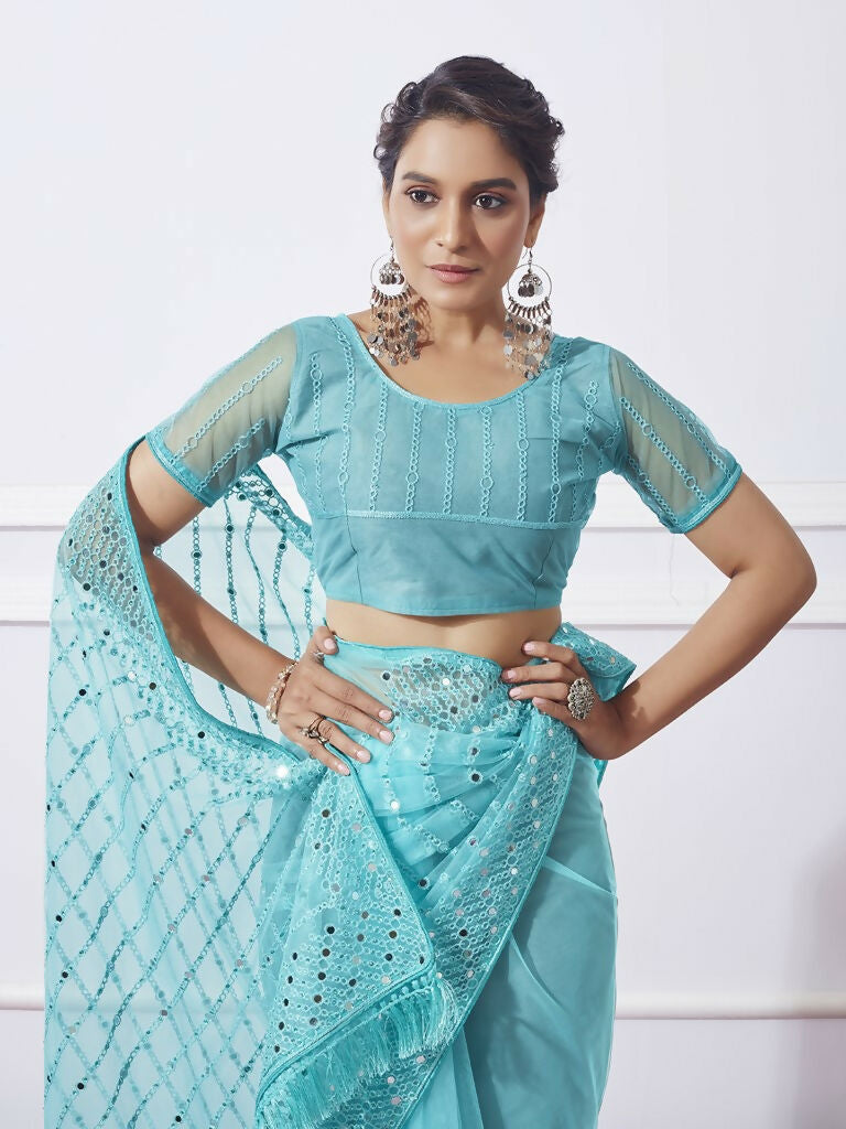 Blue Net Designer Thread Embroidery Work Saree with Unstitched Blouse - Vandini